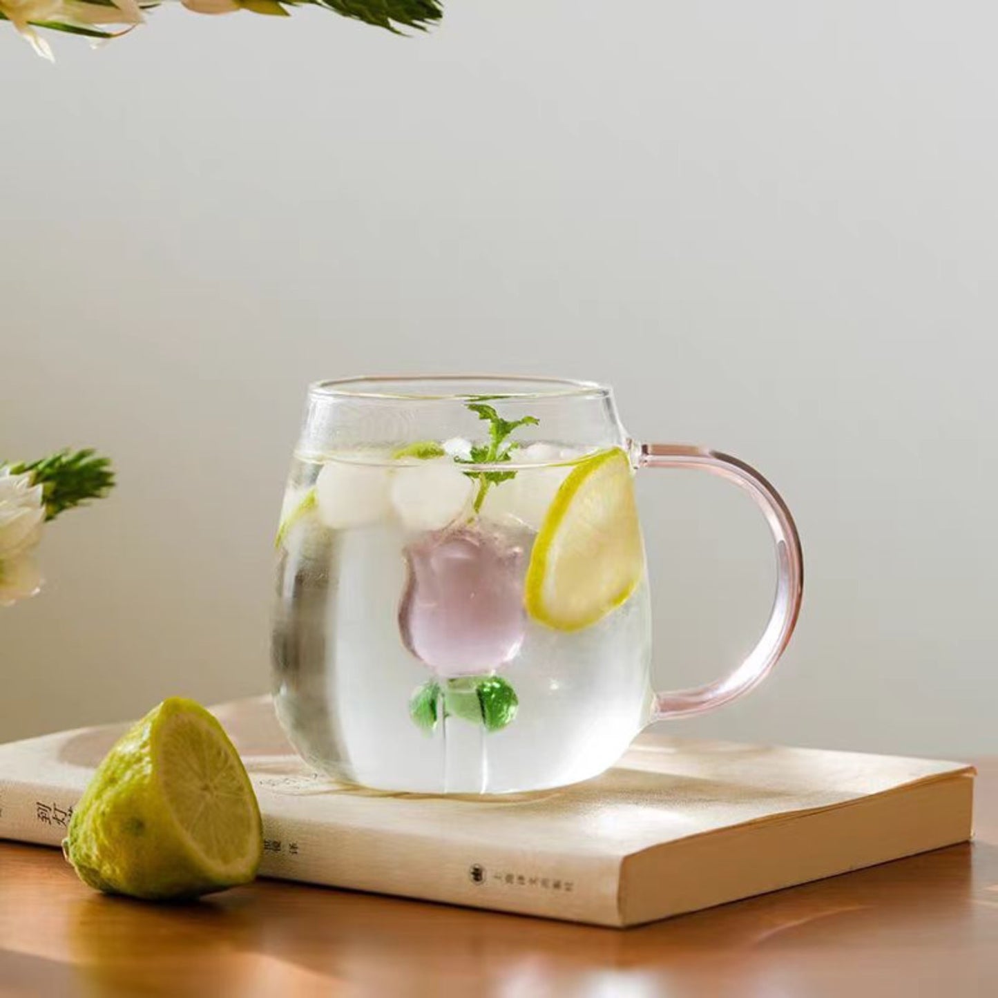 3D Transparent Rose Glass Cup With Handle