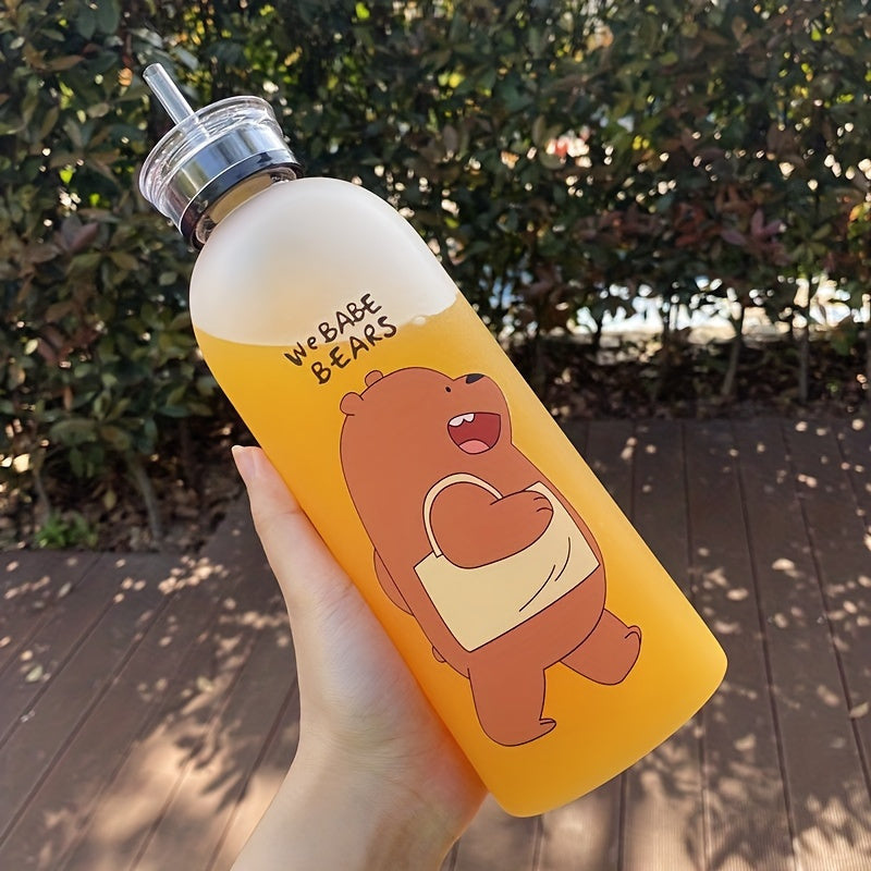 Portable Frosted Cartoon Bear Water Bottle With Straw