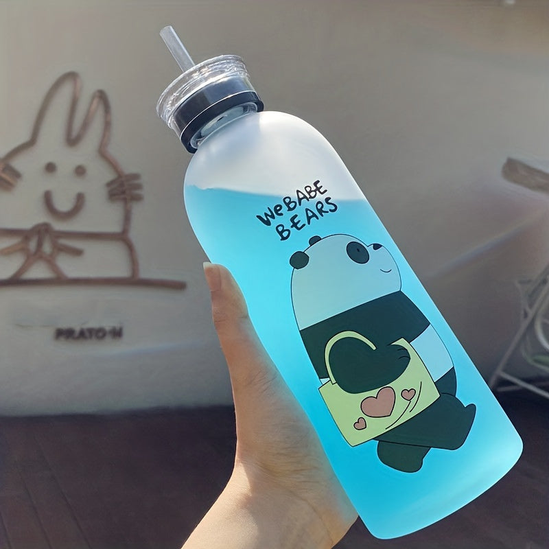 Portable Frosted Cartoon Bear Water Bottle With Straw
