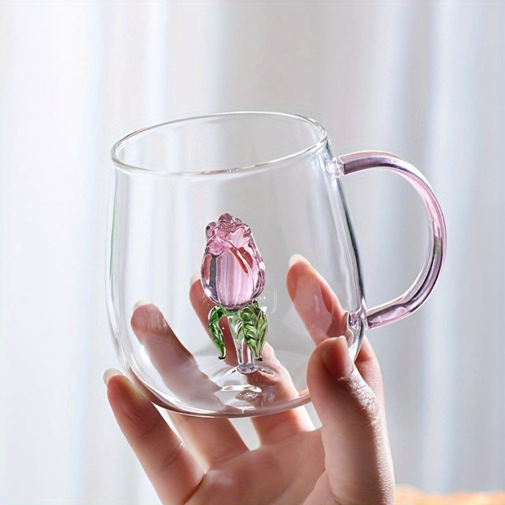 3D Transparent Rose Glass Cup With Handle