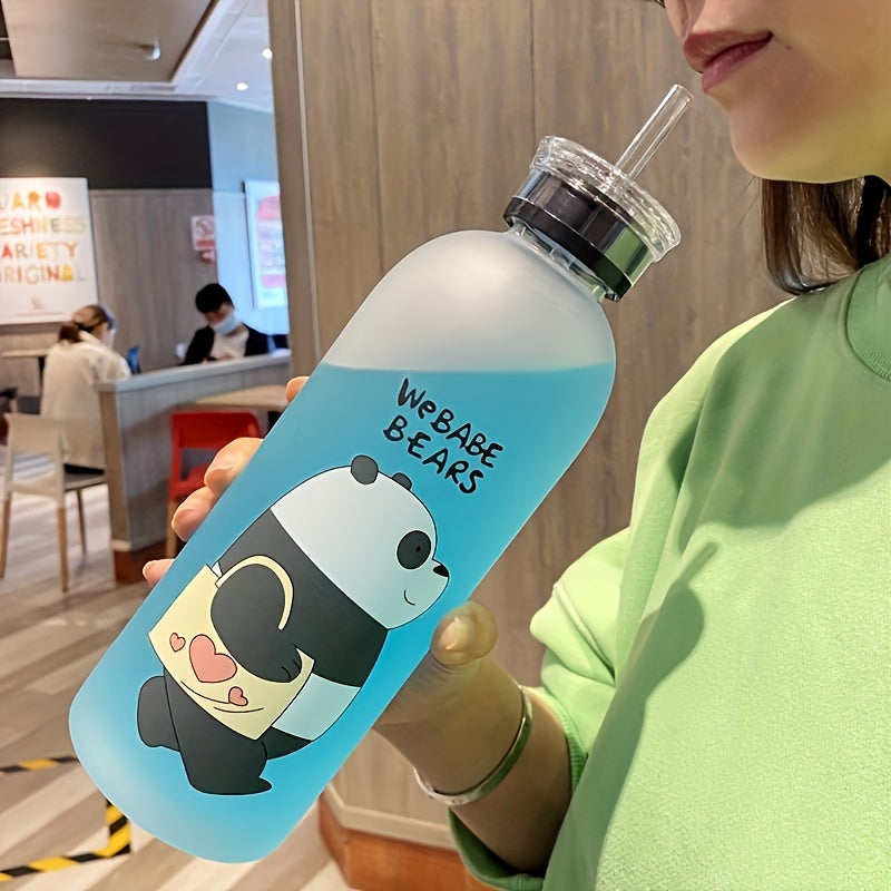 Portable Frosted Cartoon Bear Water Bottle With Straw