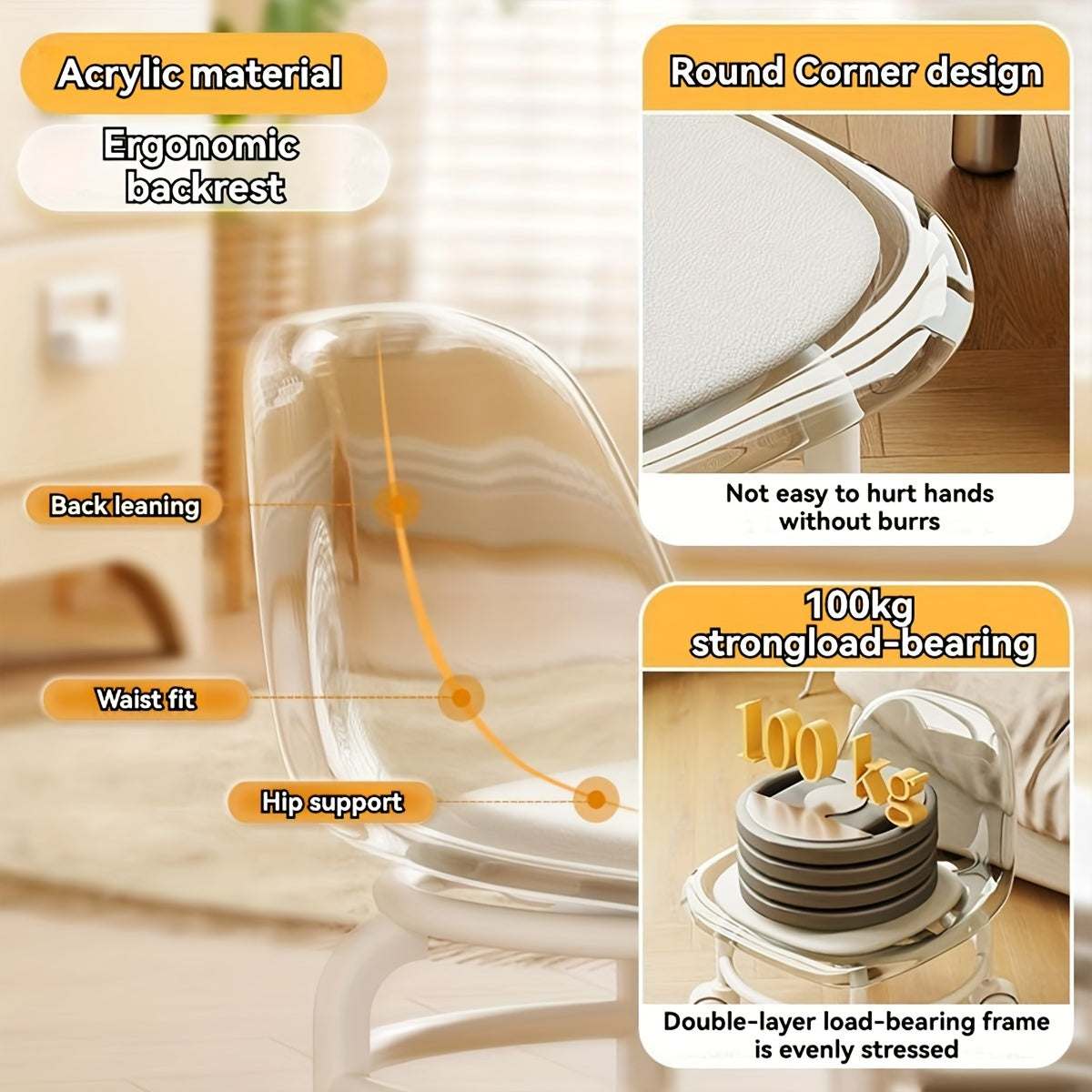 360° Rotating Transparent Acrylic Chair with Smooth Wheels