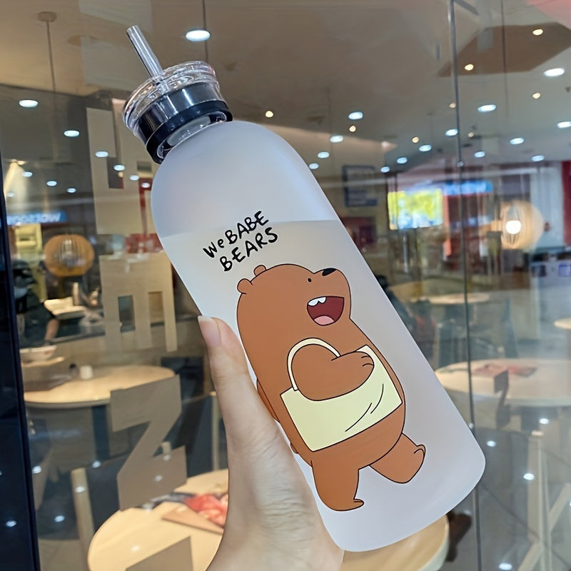 Portable Frosted Cartoon Bear Water Bottle With Straw