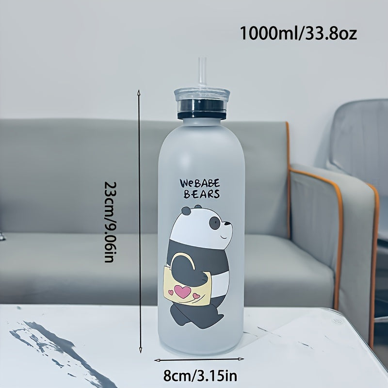 Portable Frosted Cartoon Bear Water Bottle With Straw