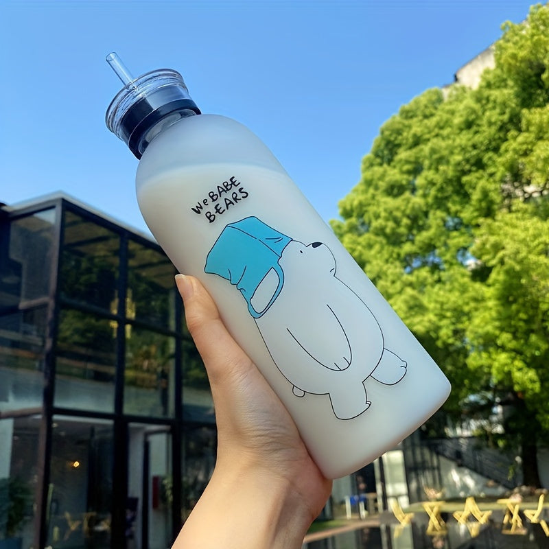 Portable Frosted Cartoon Bear Water Bottle With Straw