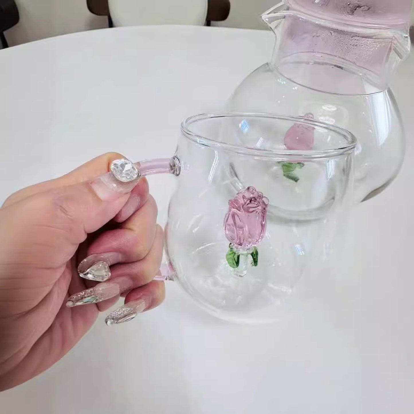 3D Transparent Rose Glass Cup With Handle