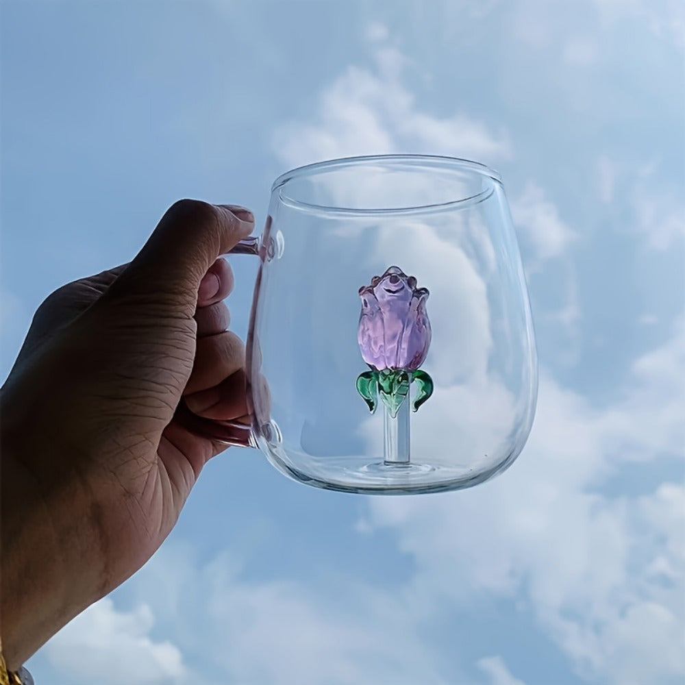 3D Transparent Rose Glass Cup With Handle