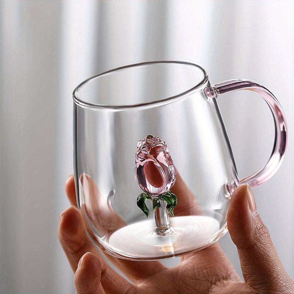 3D Transparent Rose Glass Cup With Handle